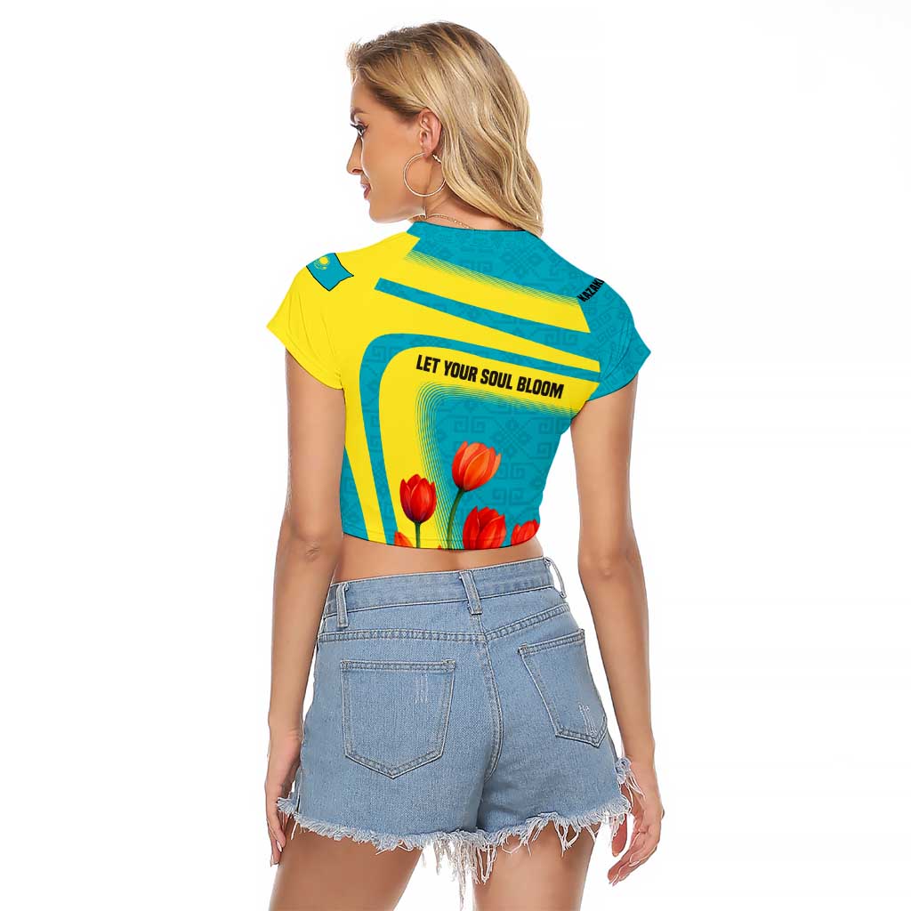 Kazakhstan National Flag Raglan Cropped T Shirt with Red Tulip Bloom and Blue Yellow Ethnic Motif