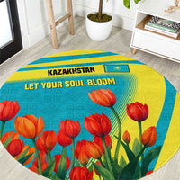 Kazakhstan National Flag Round Carpet with Red Tulip Bloom and Blue Yellow Ethnic Motif