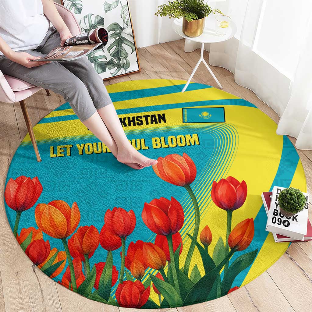 Kazakhstan National Flag Round Carpet with Red Tulip Bloom and Blue Yellow Ethnic Motif