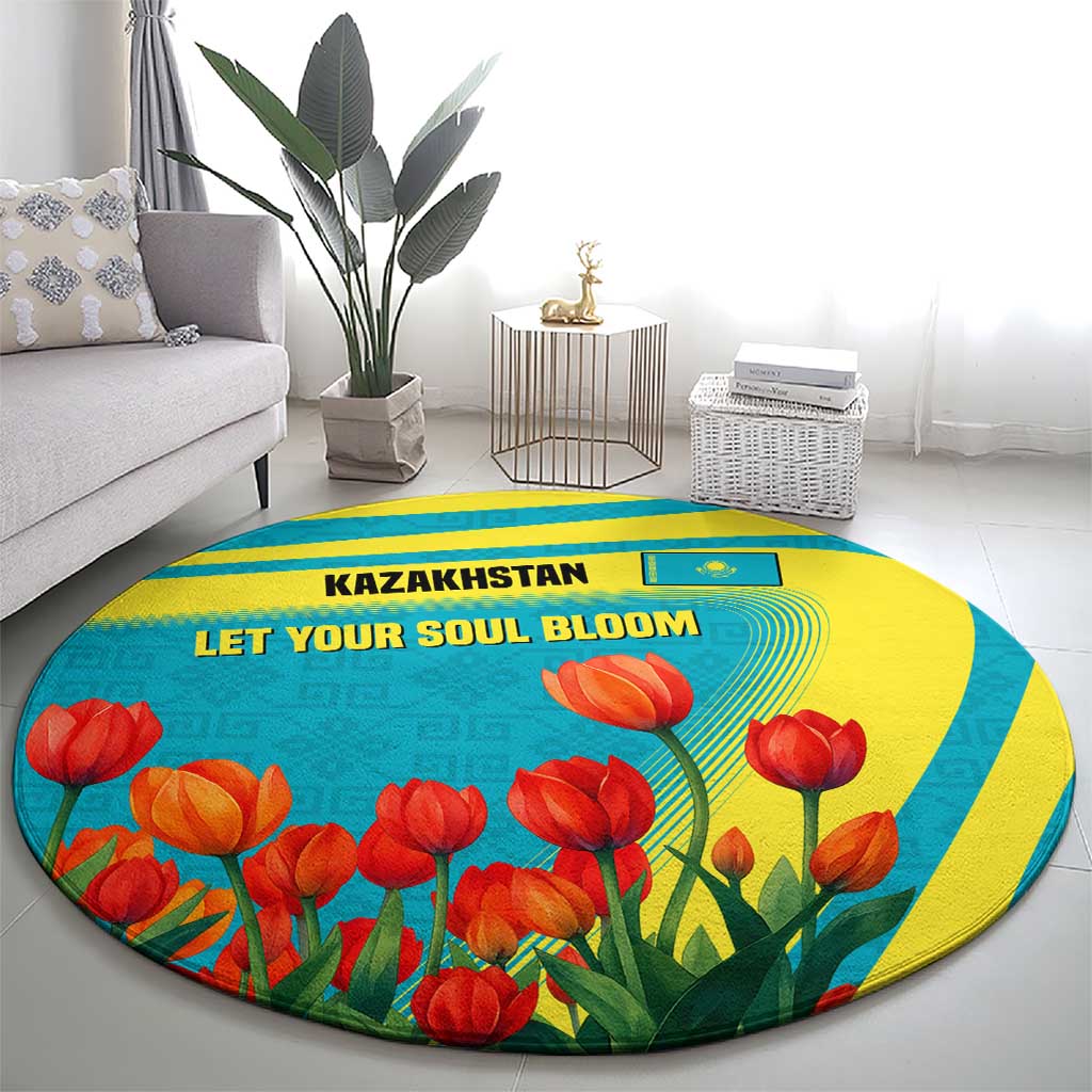 Kazakhstan National Flag Round Carpet with Red Tulip Bloom and Blue Yellow Ethnic Motif