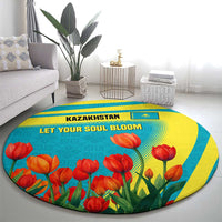 Kazakhstan National Flag Round Carpet with Red Tulip Bloom and Blue Yellow Ethnic Motif