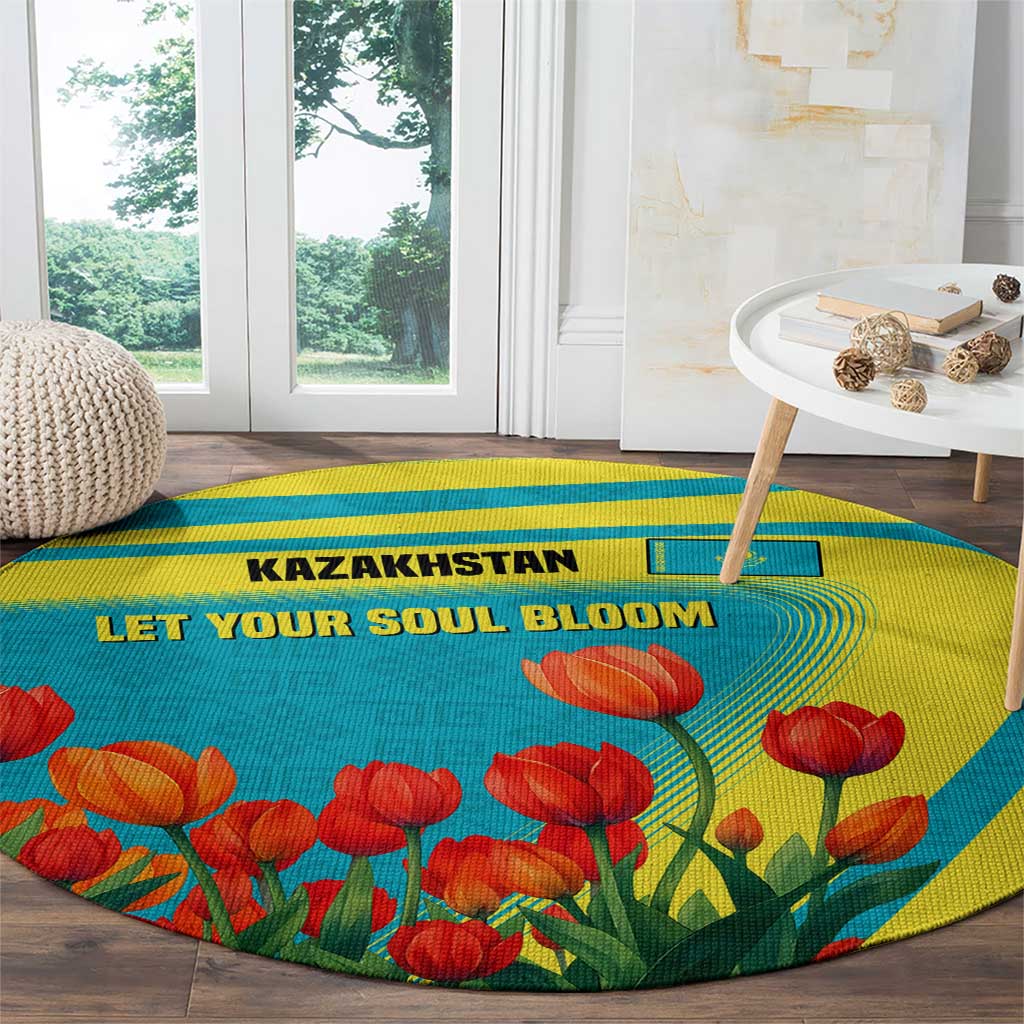 Kazakhstan National Flag Round Carpet with Red Tulip Bloom and Blue Yellow Ethnic Motif