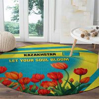 Kazakhstan National Flag Round Carpet with Red Tulip Bloom and Blue Yellow Ethnic Motif