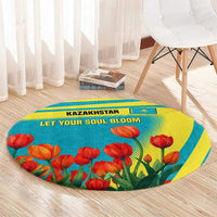 Kazakhstan National Flag Round Carpet with Red Tulip Bloom and Blue Yellow Ethnic Motif