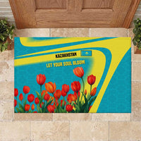 Kazakhstan National Flag Rubber Doormat with Red Tulip Bloom and Blue Yellow Ethnic Motif