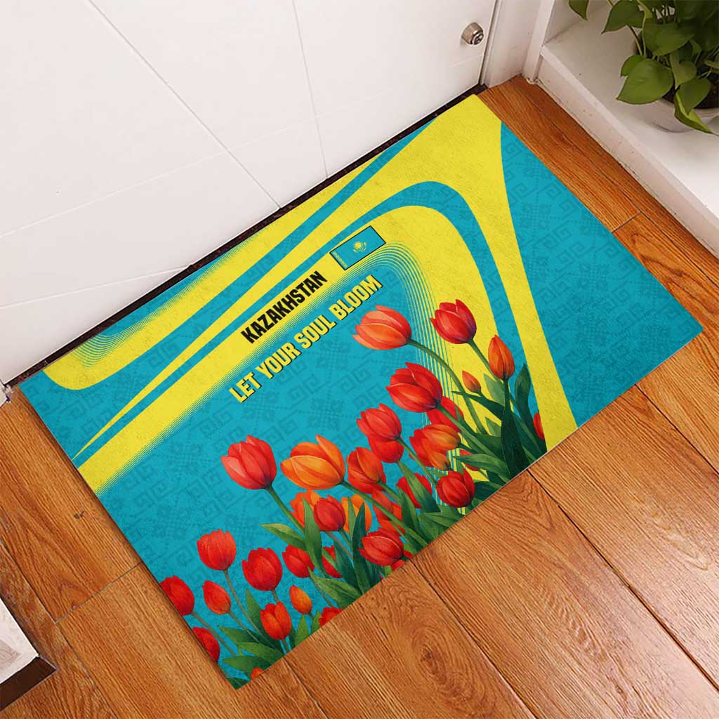 Kazakhstan National Flag Rubber Doormat with Red Tulip Bloom and Blue Yellow Ethnic Motif