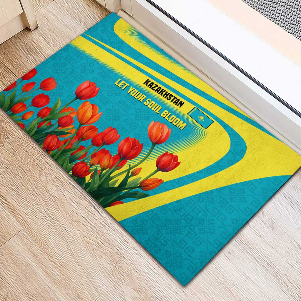 Kazakhstan National Flag Rubber Doormat with Red Tulip Bloom and Blue Yellow Ethnic Motif