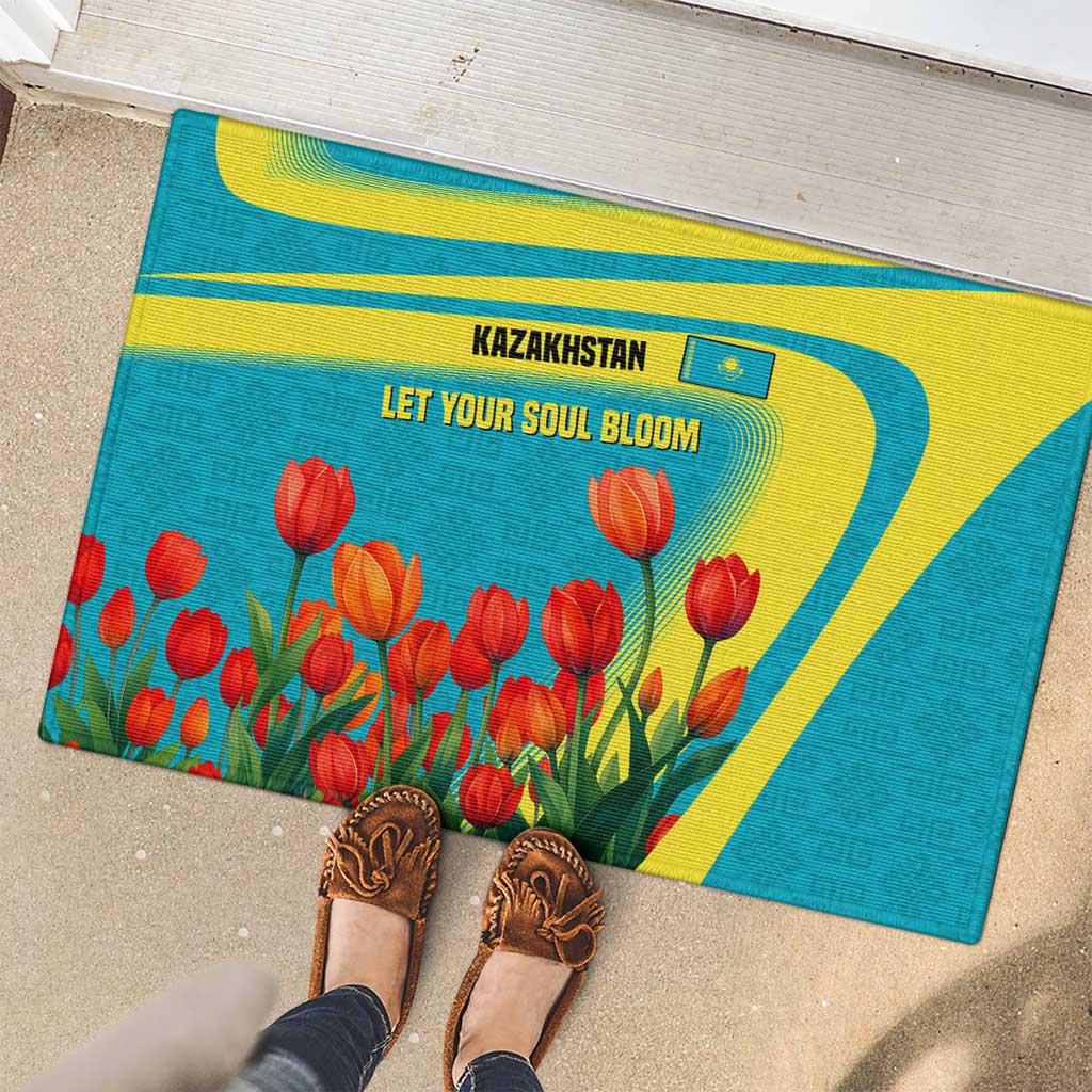 Kazakhstan National Flag Rubber Doormat with Red Tulip Bloom and Blue Yellow Ethnic Motif