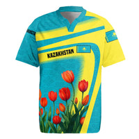 Kazakhstan National Flag Rugby Jersey with Red Tulip Bloom and Blue Yellow Ethnic Motif