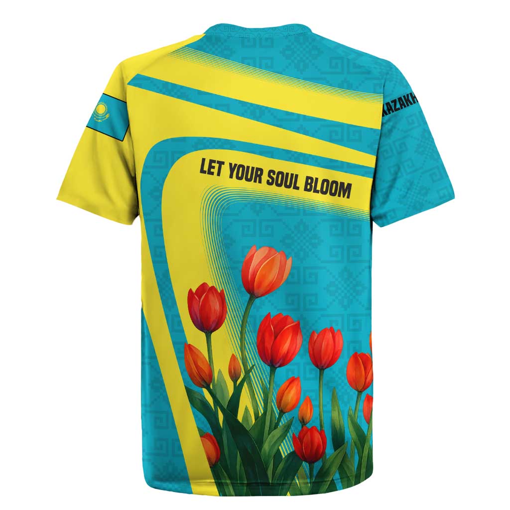 Kazakhstan National Flag Rugby Jersey with Red Tulip Bloom and Blue Yellow Ethnic Motif