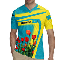 Kazakhstan National Flag Rugby Jersey with Red Tulip Bloom and Blue Yellow Ethnic Motif
