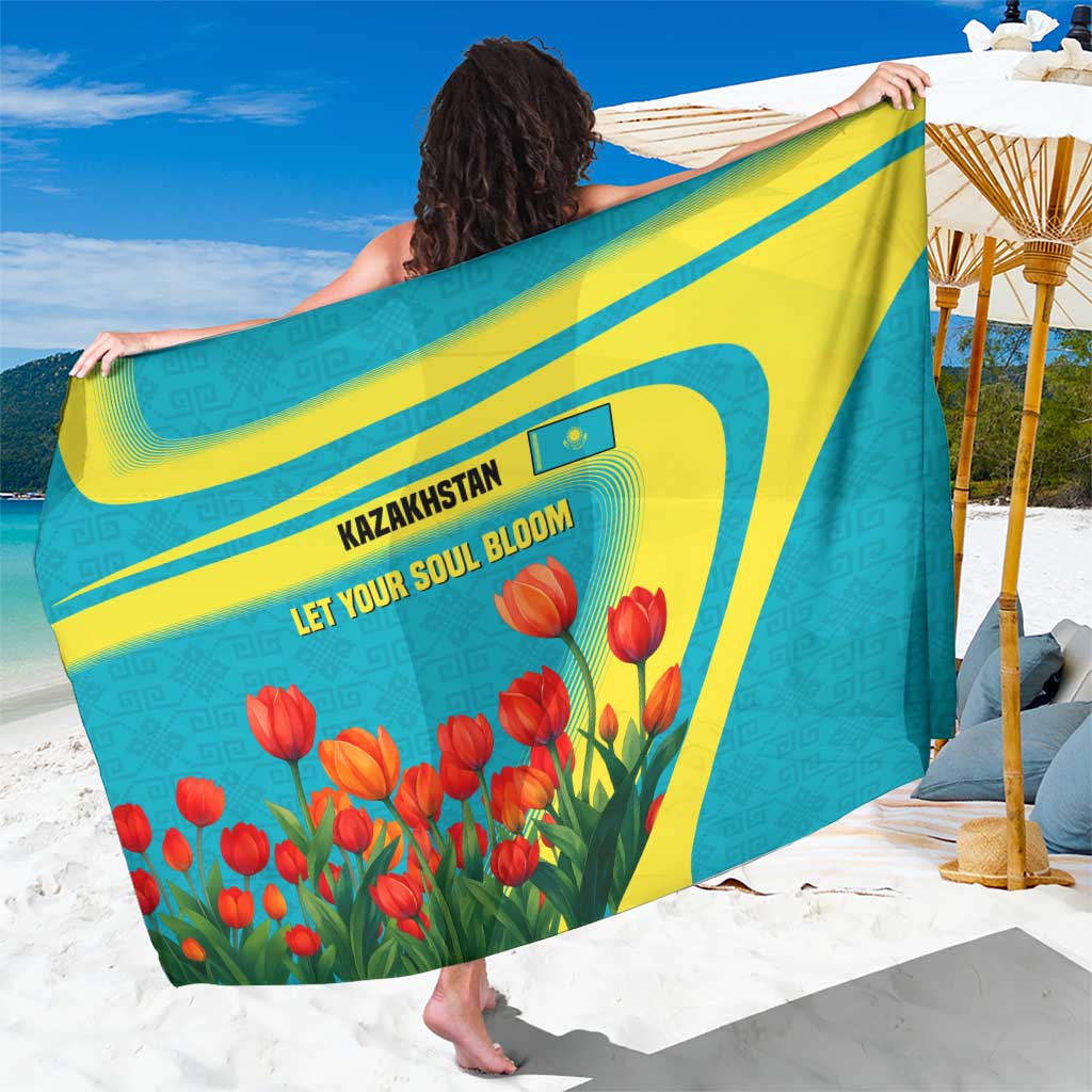 Kazakhstan National Flag Sarong with Red Tulip Bloom and Blue Yellow Ethnic Motif