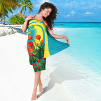 Kazakhstan National Flag Sarong with Red Tulip Bloom and Blue Yellow Ethnic Motif