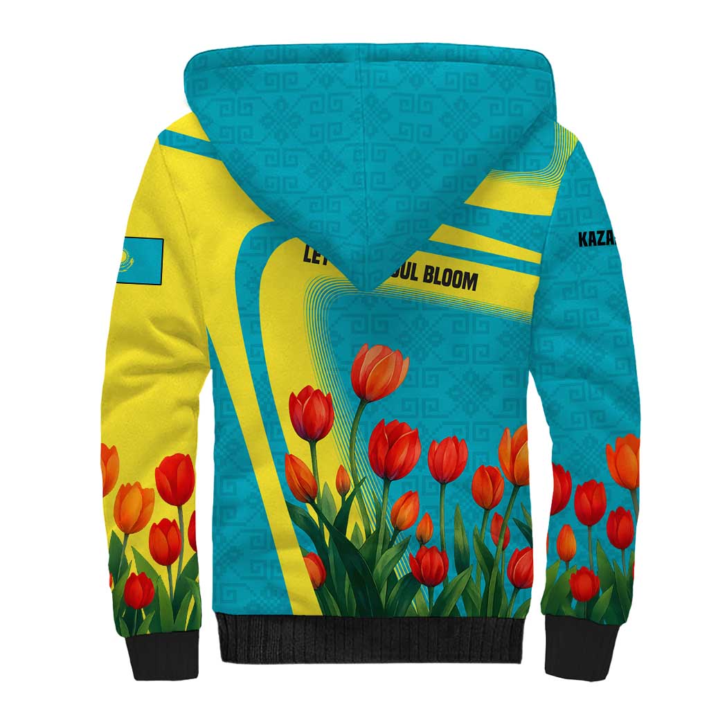 Kazakhstan National Flag Sherpa Hoodie with Red Tulip Bloom and Blue Yellow Ethnic Motif