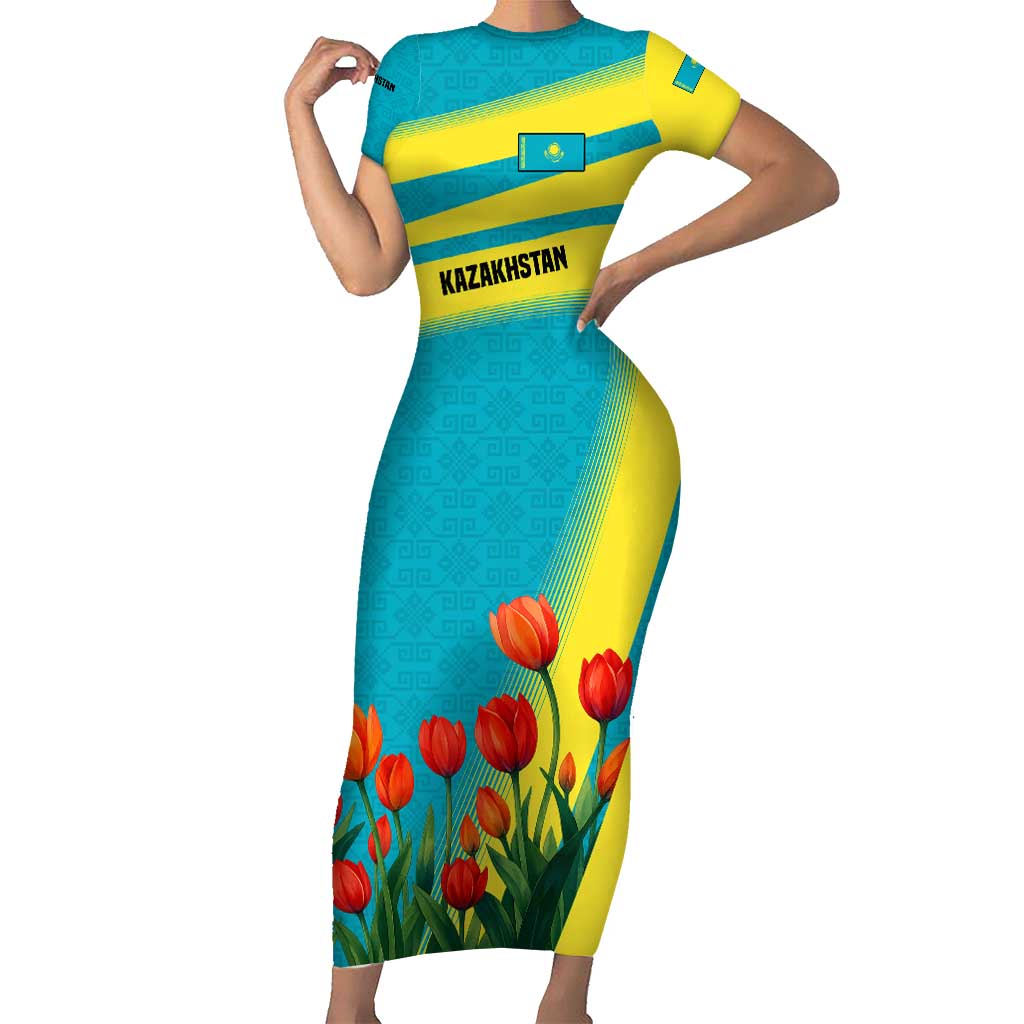 Kazakhstan National Flag Short Sleeve Bodycon Dress with Red Tulip Bloom and Blue Yellow Ethnic Motif