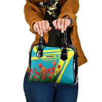 Kazakhstan National Flag Shoulder Handbag with Red Tulip Bloom and Blue Yellow Ethnic Motif