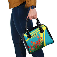 Kazakhstan National Flag Shoulder Handbag with Red Tulip Bloom and Blue Yellow Ethnic Motif