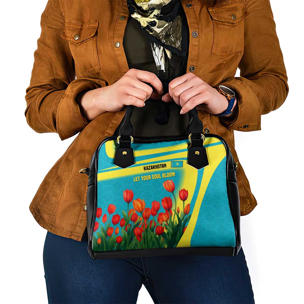 Kazakhstan National Flag Shoulder Handbag with Red Tulip Bloom and Blue Yellow Ethnic Motif
