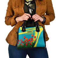 Kazakhstan National Flag Shoulder Handbag with Red Tulip Bloom and Blue Yellow Ethnic Motif