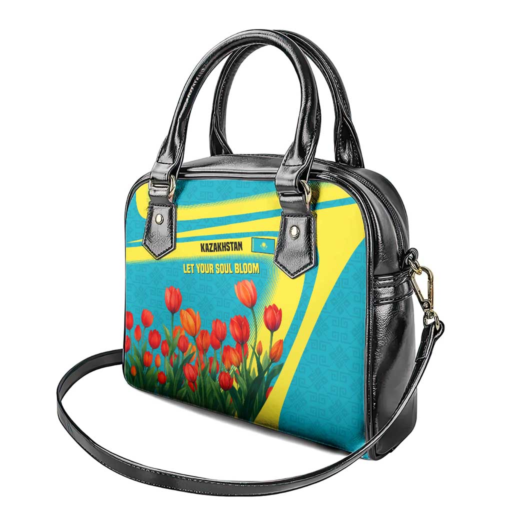 Kazakhstan National Flag Shoulder Handbag with Red Tulip Bloom and Blue Yellow Ethnic Motif