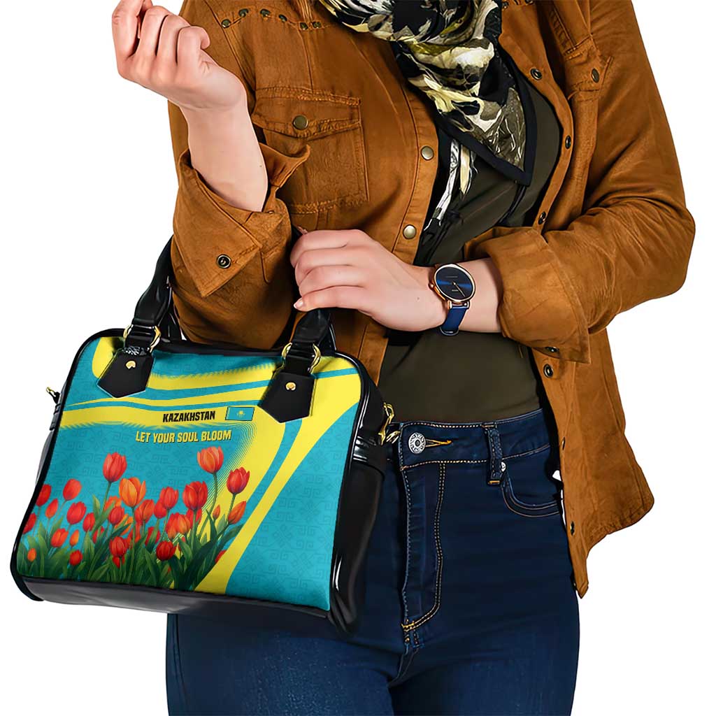 Kazakhstan National Flag Shoulder Handbag with Red Tulip Bloom and Blue Yellow Ethnic Motif