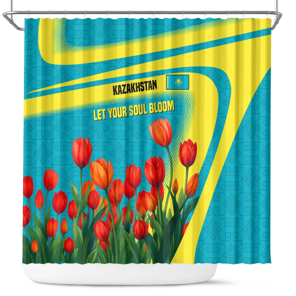 Kazakhstan National Flag Shower Curtain with Red Tulip Bloom and Blue Yellow Ethnic Motif