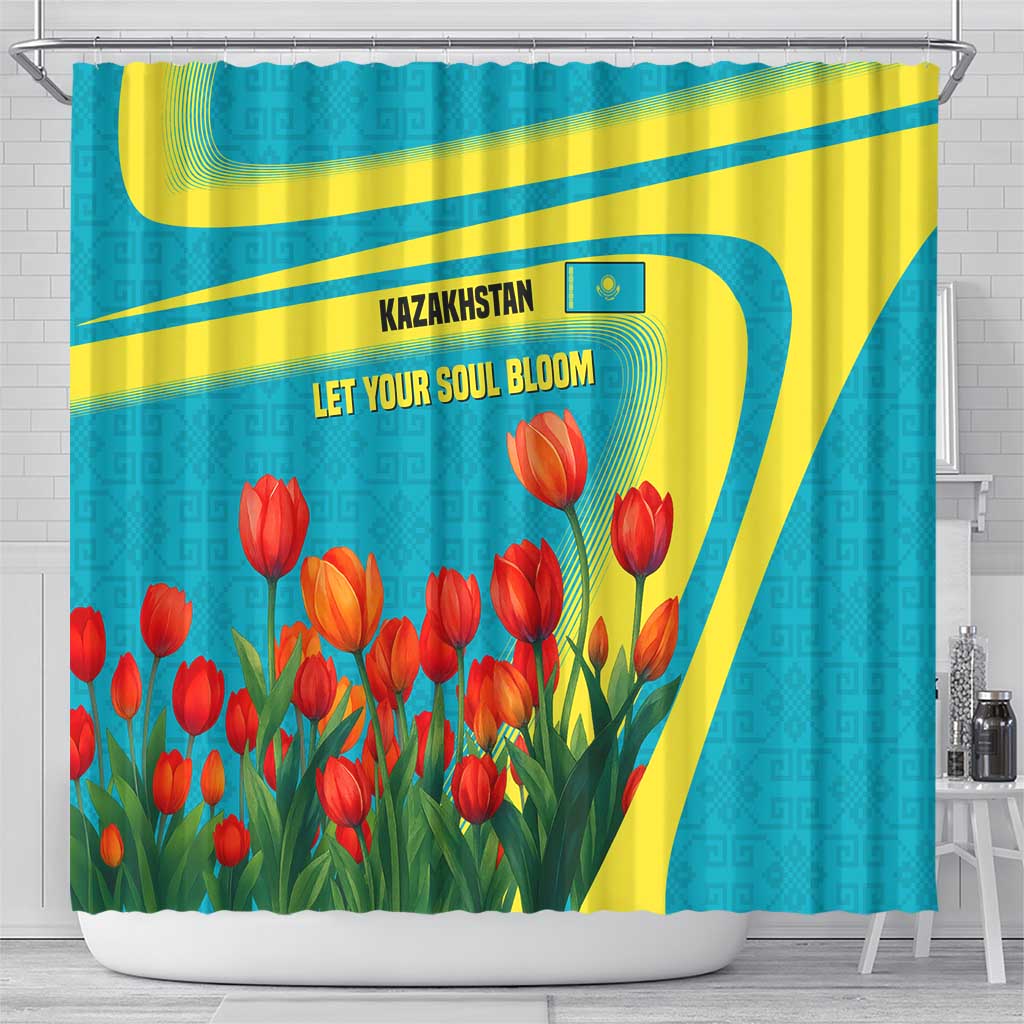 Kazakhstan National Flag Shower Curtain with Red Tulip Bloom and Blue Yellow Ethnic Motif