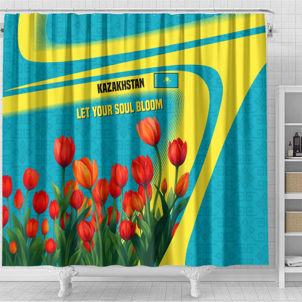 Kazakhstan National Flag Shower Curtain with Red Tulip Bloom and Blue Yellow Ethnic Motif