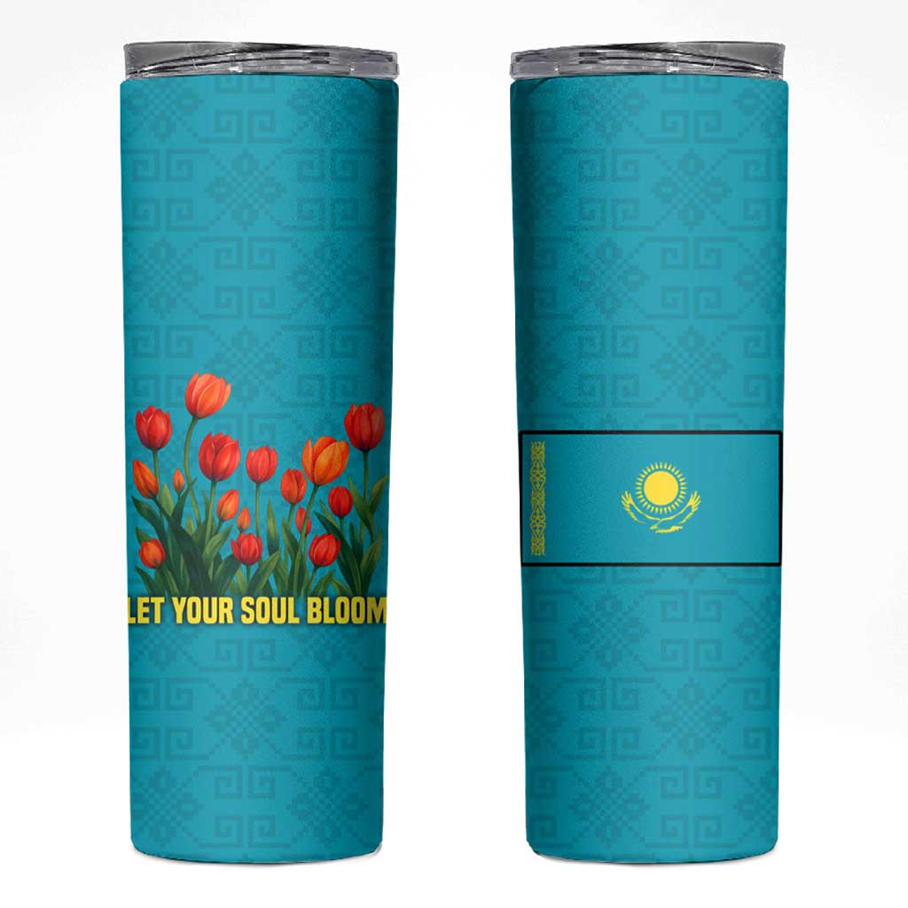 Kazakhstan National Flag Skinny Tumbler with Red Tulip Bloom and Blue Yellow Ethnic Motif