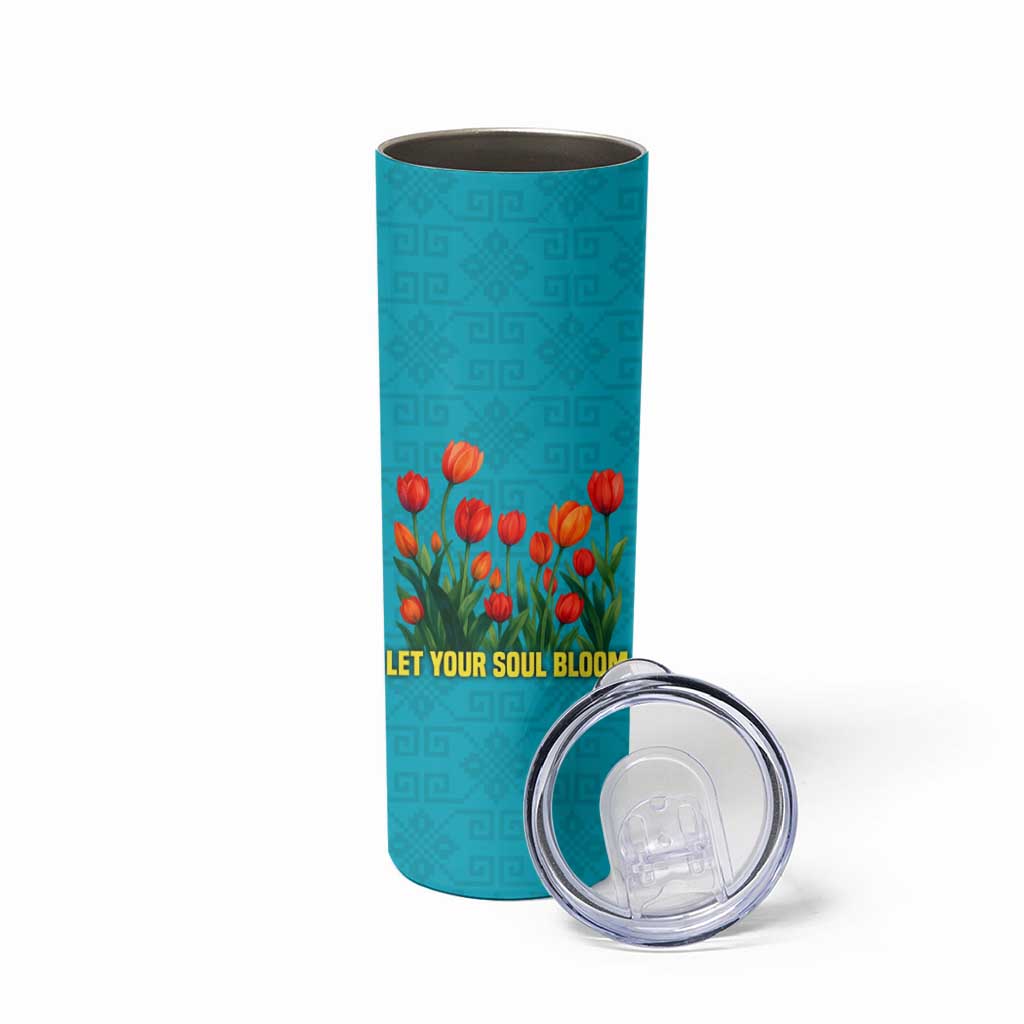 Kazakhstan National Flag Skinny Tumbler with Red Tulip Bloom and Blue Yellow Ethnic Motif