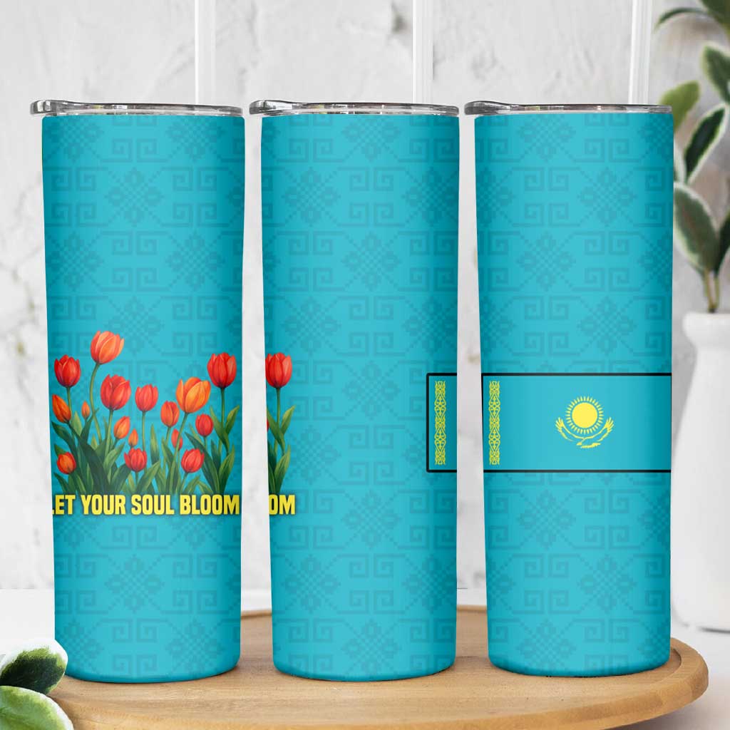 Kazakhstan National Flag Skinny Tumbler with Red Tulip Bloom and Blue Yellow Ethnic Motif