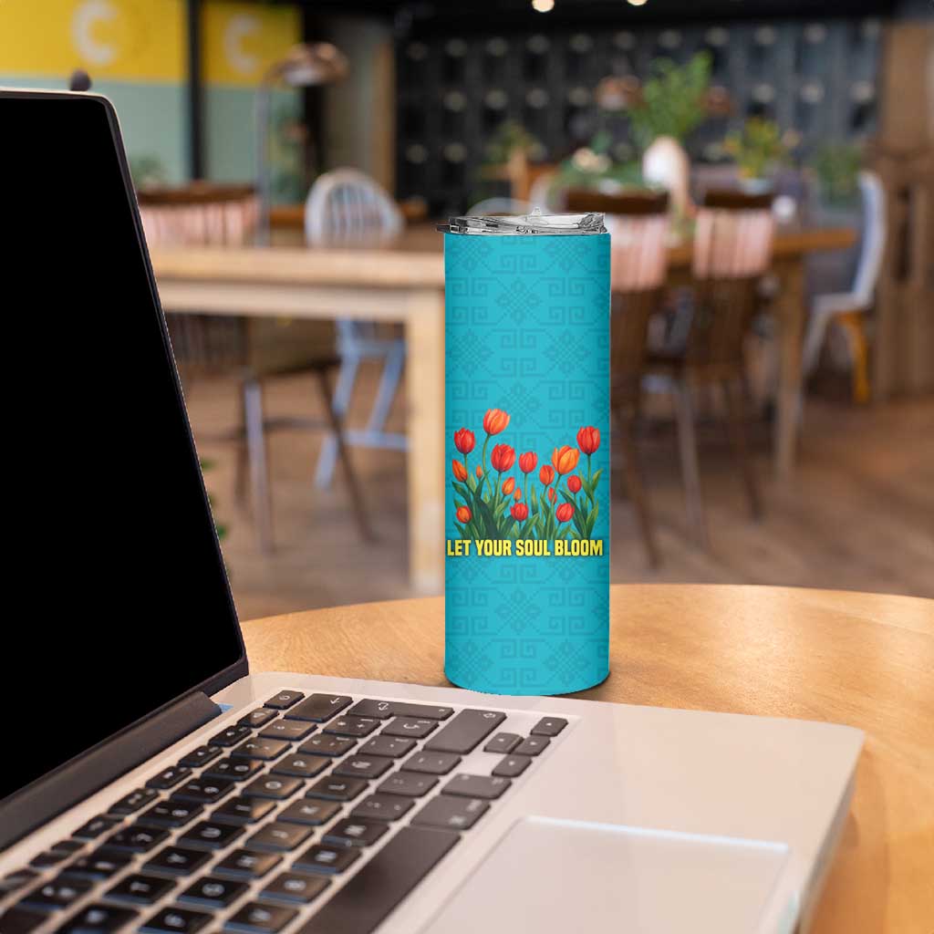 Kazakhstan National Flag Skinny Tumbler with Red Tulip Bloom and Blue Yellow Ethnic Motif