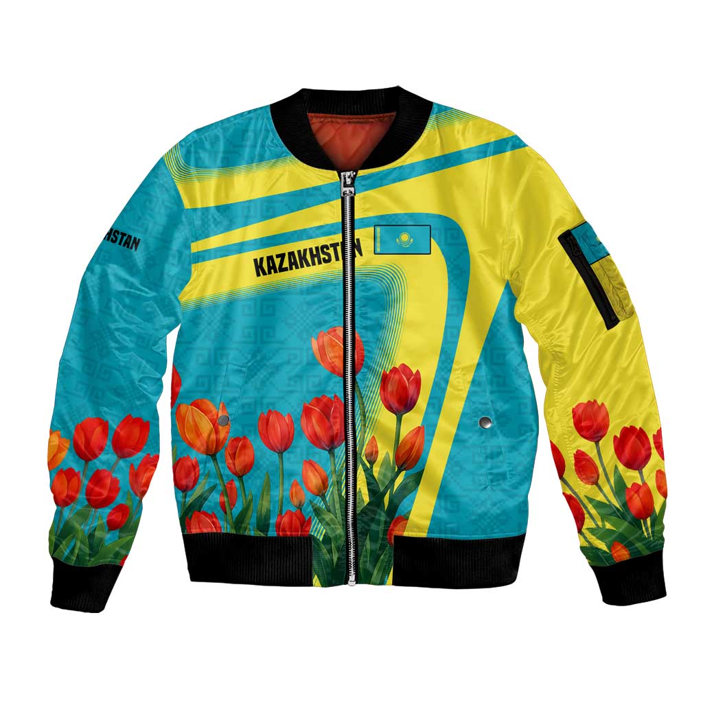 Kazakhstan National Flag Sleeve Zip Bomber Jacket with Red Tulip Bloom and Blue Yellow Ethnic Motif