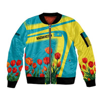 Kazakhstan National Flag Sleeve Zip Bomber Jacket with Red Tulip Bloom and Blue Yellow Ethnic Motif