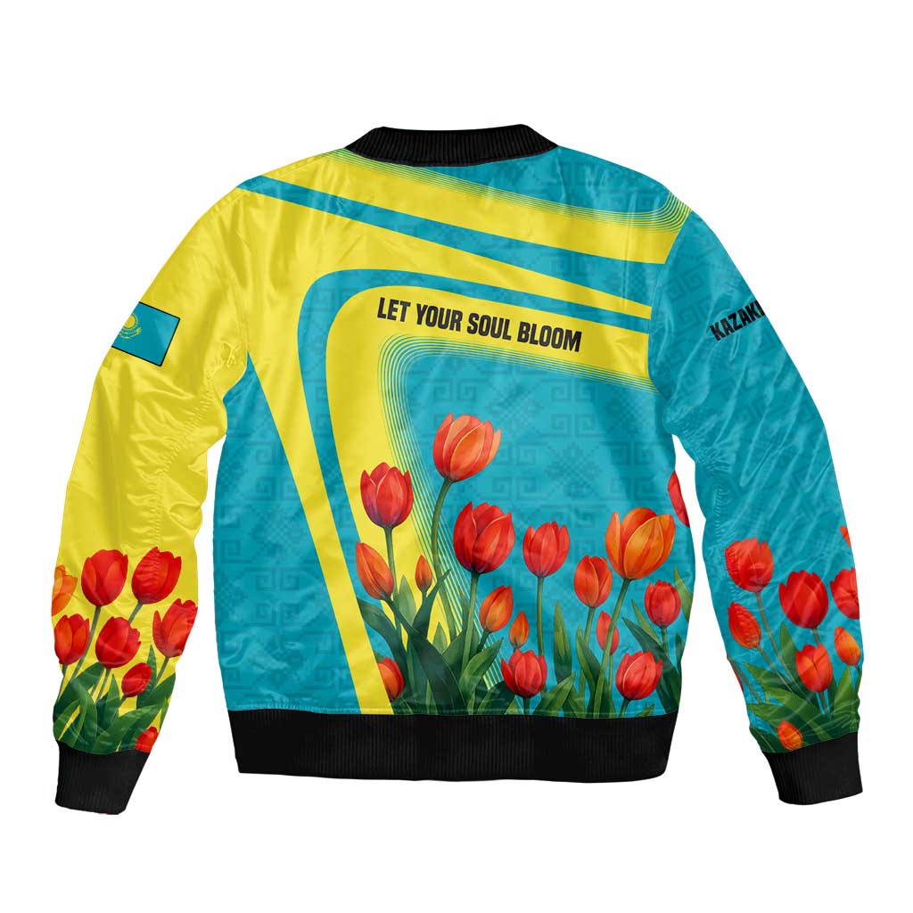 Kazakhstan National Flag Sleeve Zip Bomber Jacket with Red Tulip Bloom and Blue Yellow Ethnic Motif