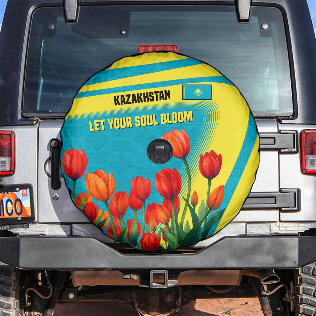 Kazakhstan National Flag Spare Tire Cover with Red Tulip Bloom and Blue Yellow Ethnic Motif