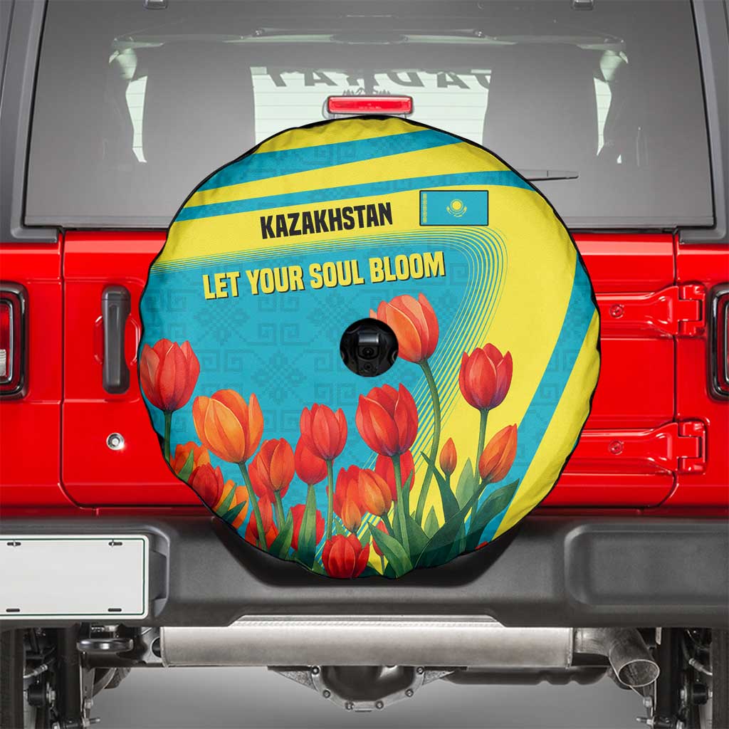Kazakhstan National Flag Spare Tire Cover with Red Tulip Bloom and Blue Yellow Ethnic Motif