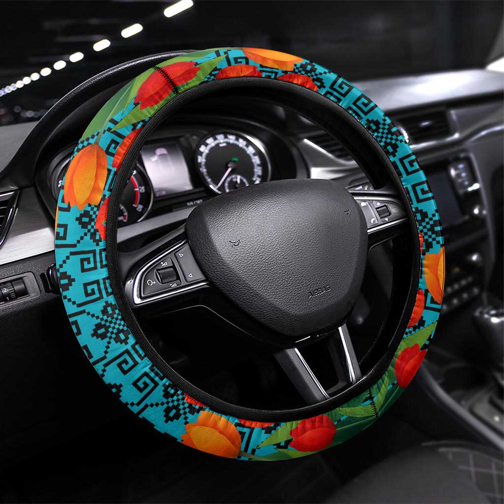 Kazakhstan National Flag Steering Wheel Cover with Red Tulip Bloom and Blue Yellow Ethnic Motif