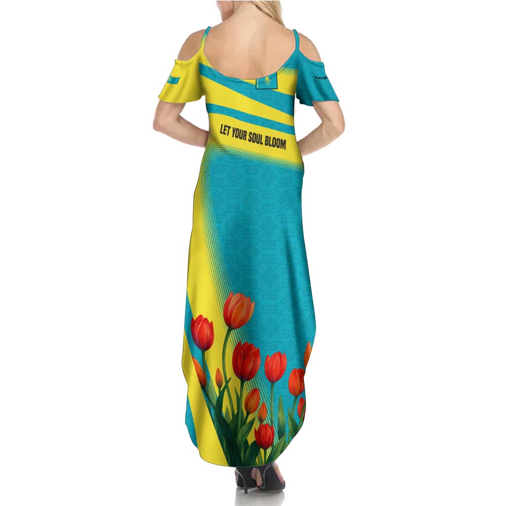 Kazakhstan National Flag Summer Maxi Dress with Red Tulip Bloom and Blue Yellow Ethnic Motif