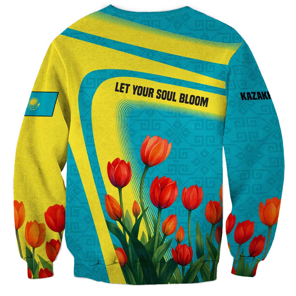 Kazakhstan National Flag Sweatshirt with Red Tulip Bloom and Blue Yellow Ethnic Motif
