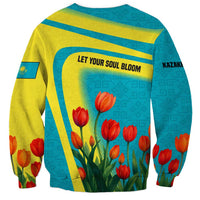 Kazakhstan National Flag Sweatshirt with Red Tulip Bloom and Blue Yellow Ethnic Motif