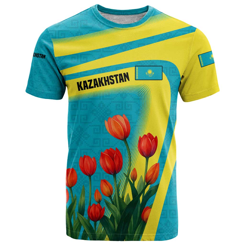Kazakhstan National Flag T Shirt with Red Tulip Bloom and Blue Yellow Ethnic Motif
