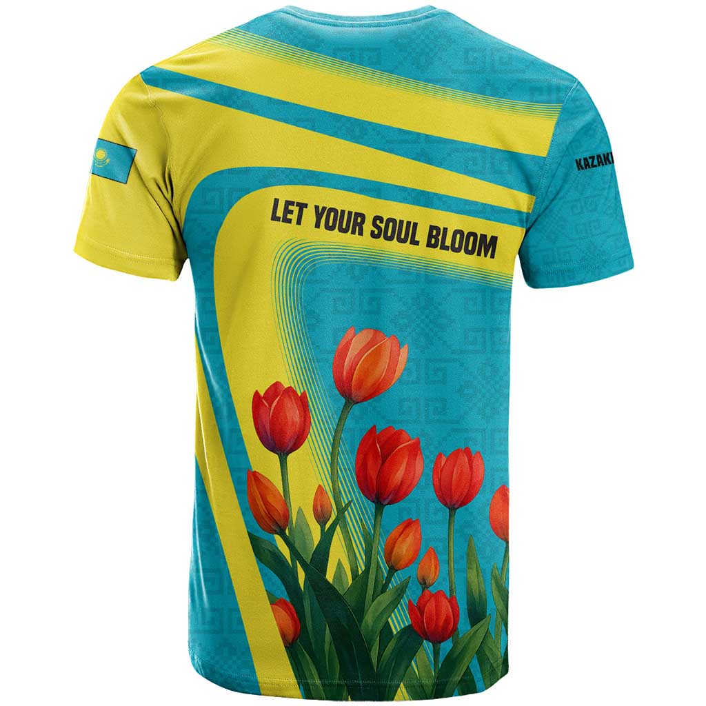 Kazakhstan National Flag T Shirt with Red Tulip Bloom and Blue Yellow Ethnic Motif
