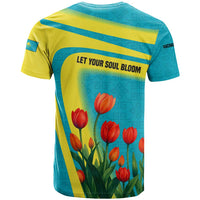Kazakhstan National Flag T Shirt with Red Tulip Bloom and Blue Yellow Ethnic Motif