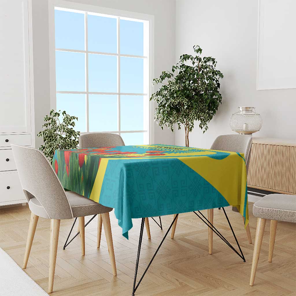 Kazakhstan National Flag Tablecloth with Red Tulip Bloom and Blue Yellow Ethnic Motif