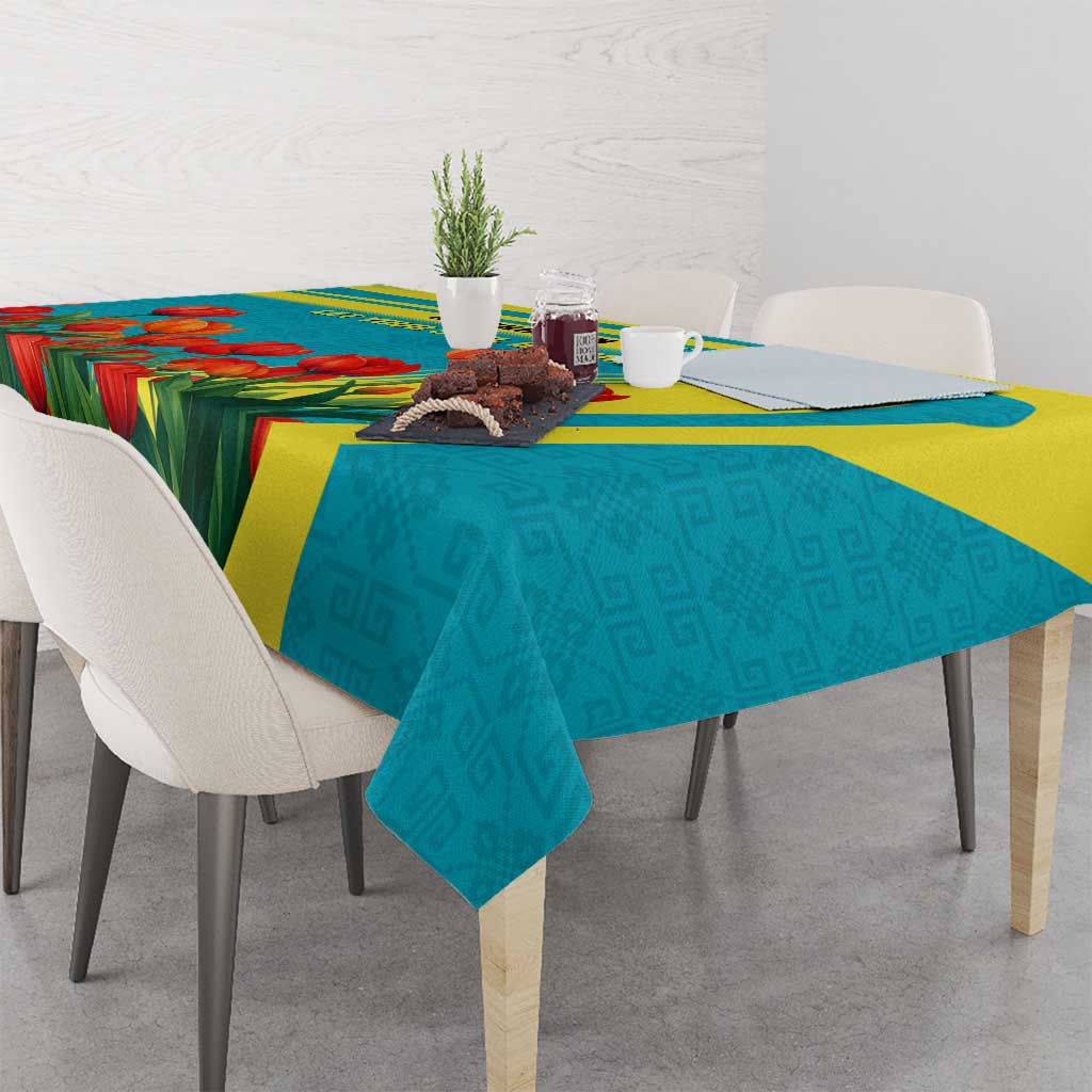 Kazakhstan National Flag Tablecloth with Red Tulip Bloom and Blue Yellow Ethnic Motif