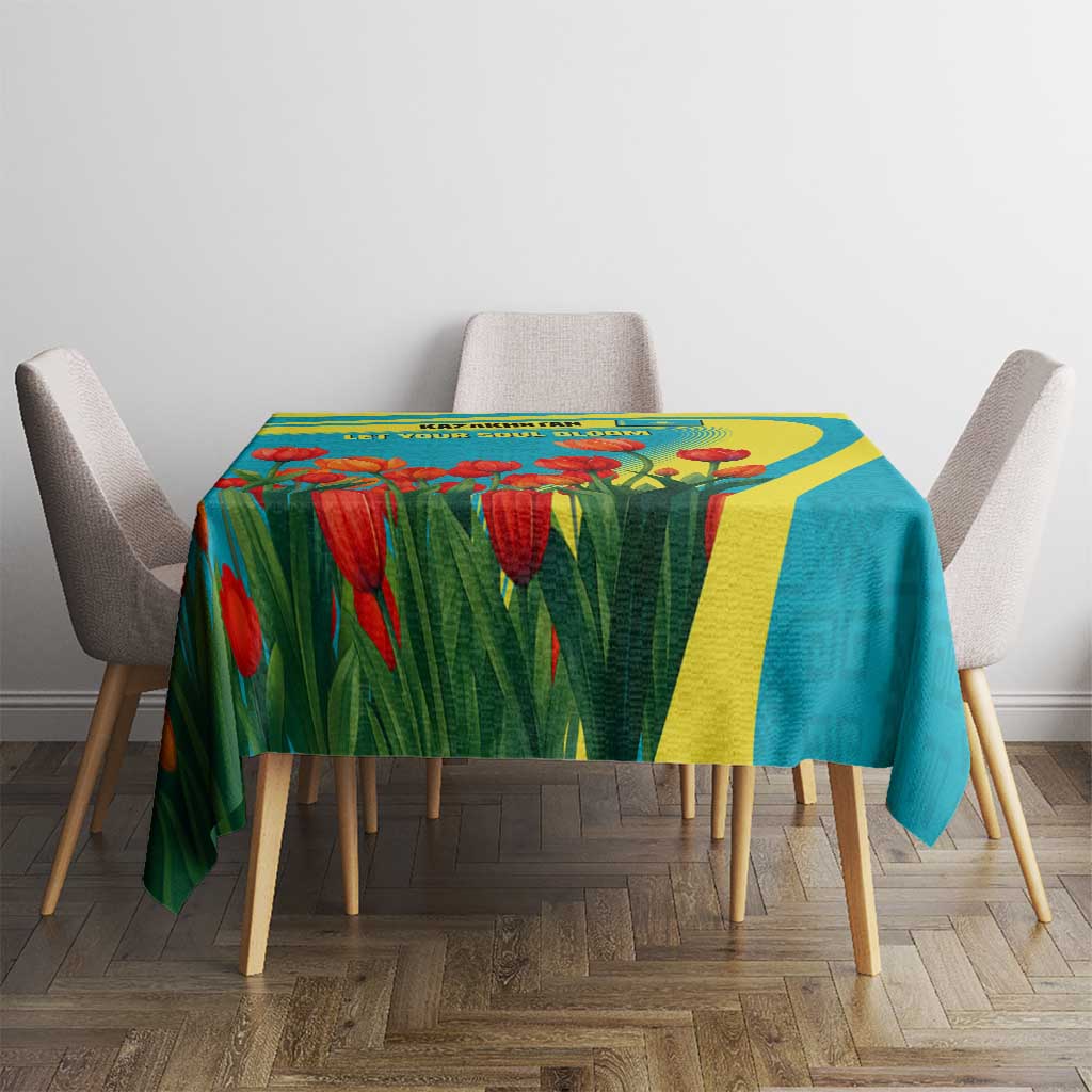 Kazakhstan National Flag Tablecloth with Red Tulip Bloom and Blue Yellow Ethnic Motif