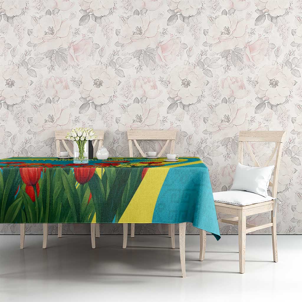 Kazakhstan National Flag Tablecloth with Red Tulip Bloom and Blue Yellow Ethnic Motif