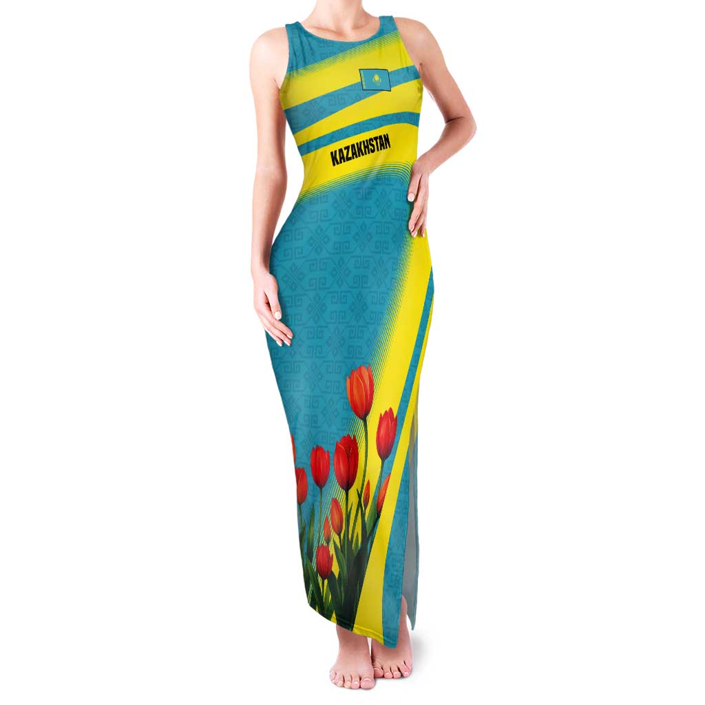 Kazakhstan National Flag Tank Maxi Dress with Red Tulip Bloom and Blue Yellow Ethnic Motif