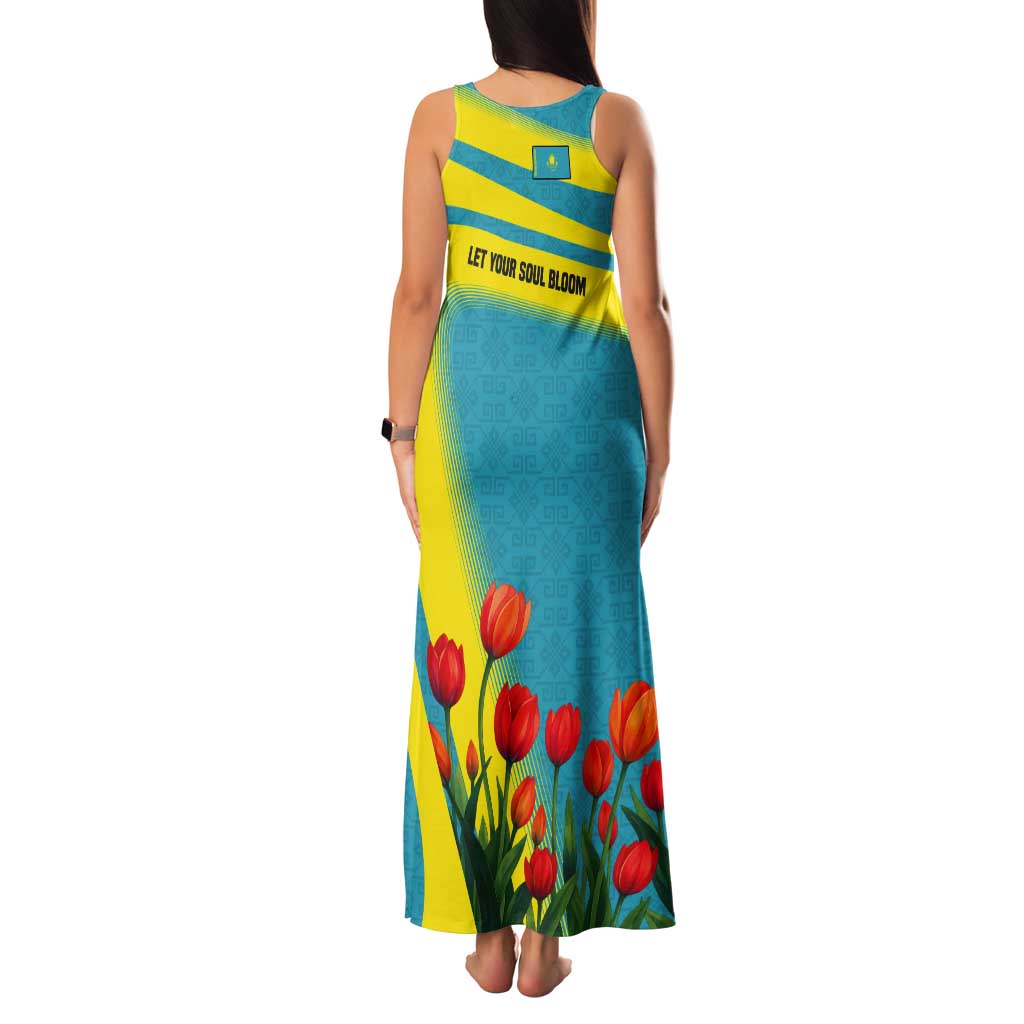 Kazakhstan National Flag Tank Maxi Dress with Red Tulip Bloom and Blue Yellow Ethnic Motif
